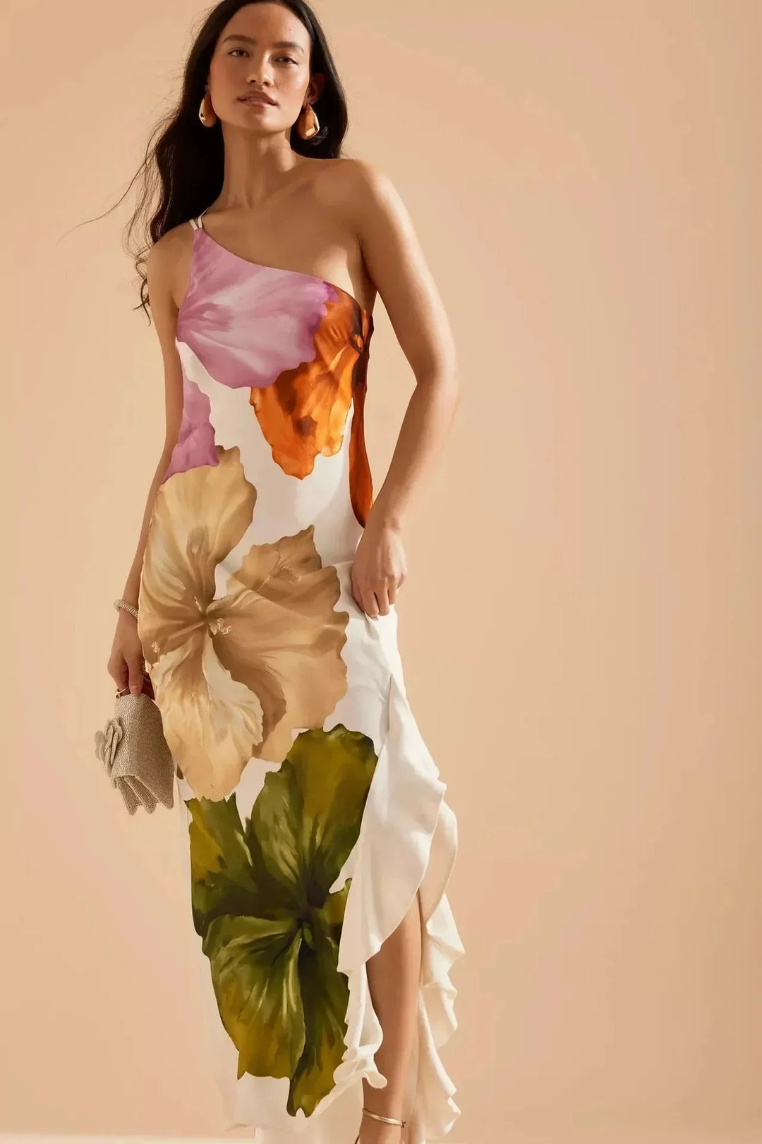 Vestito lungo donna a stampa floreale multicolore con spallina sottile