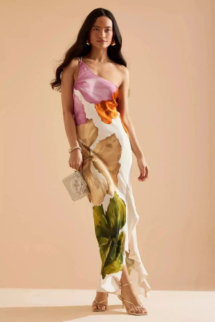 Vestito lungo donna a stampa floreale multicolore con spallina sottile