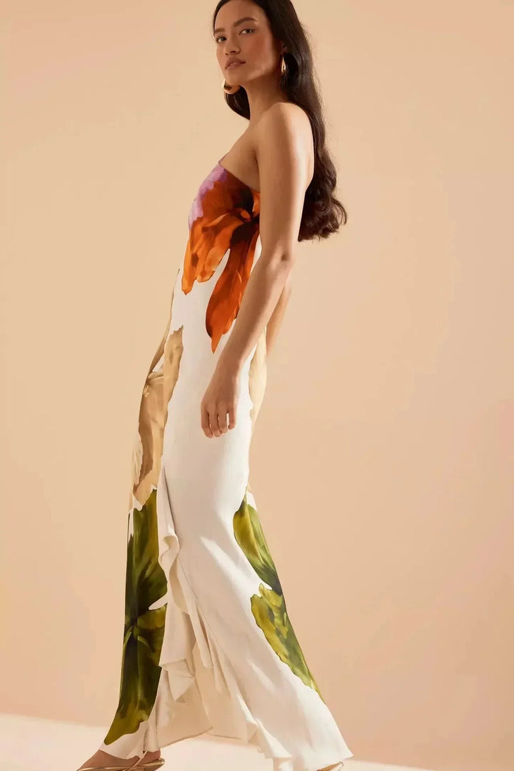 Vestito lungo donna a stampa floreale multicolore con spallina sottile