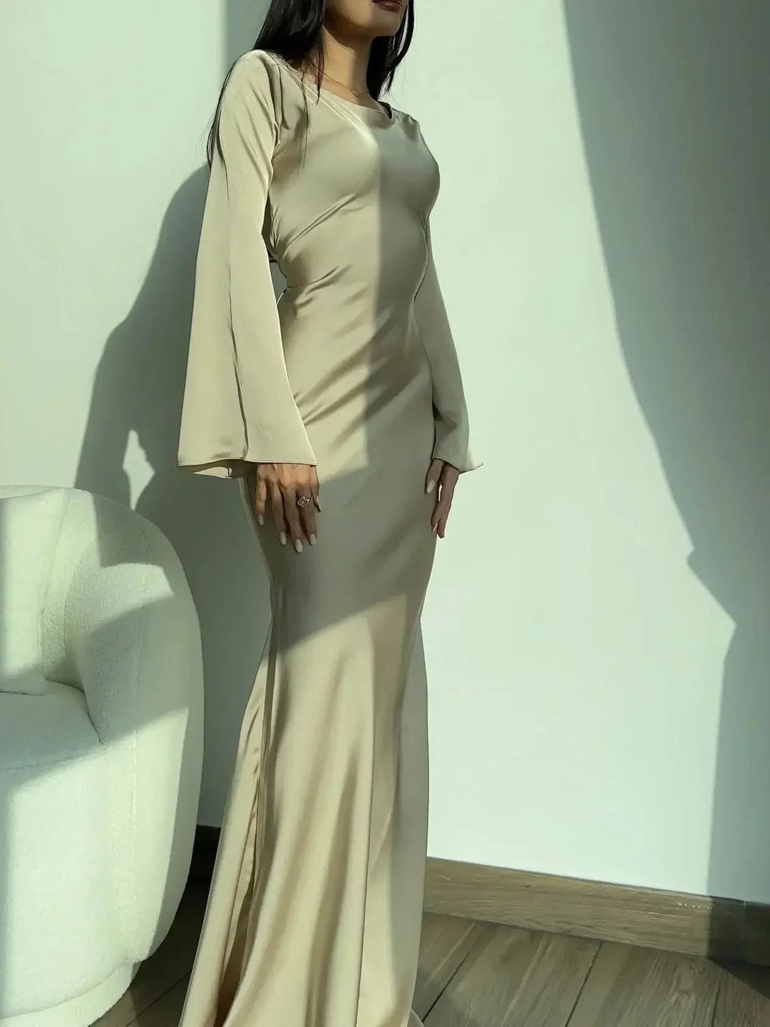Vestito maxi da donna a maniche lunghe per invitata a matrimonio