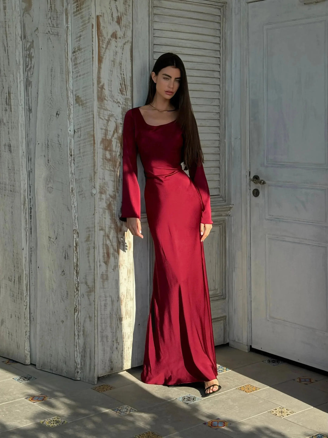 Vestito maxi da donna a maniche lunghe per invitata a matrimonio