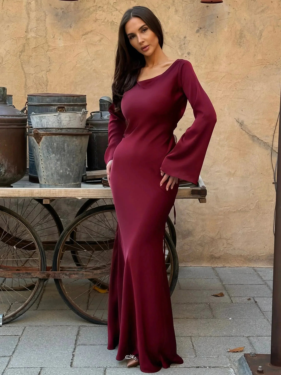 Vestito maxi da donna a maniche lunghe per invitata a matrimonio