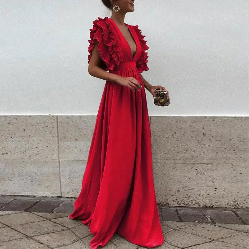 Vestito lungo donna fluido con maniche a volant e scollatura