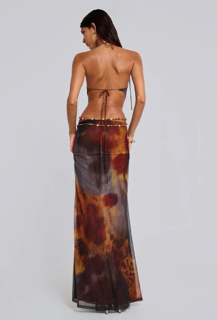 Vestito lungo donna marrone con motivo leopardato e découpe