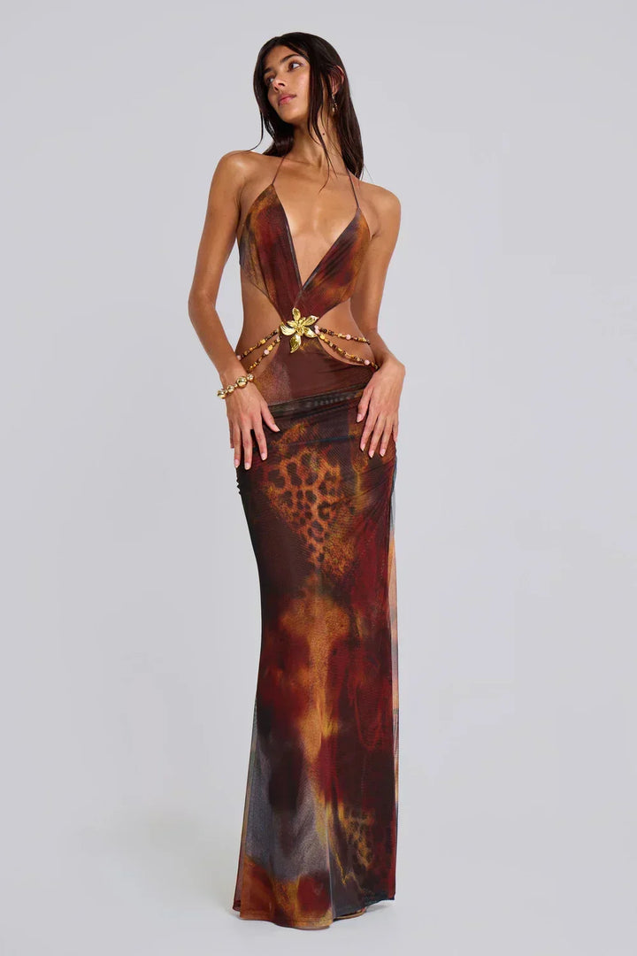 Vestito lungo donna marrone con motivo leopardato e découpe