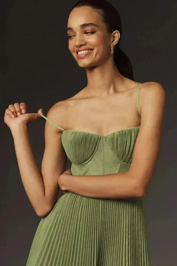 Abito midi donna plissettato con spalline verde oliva
