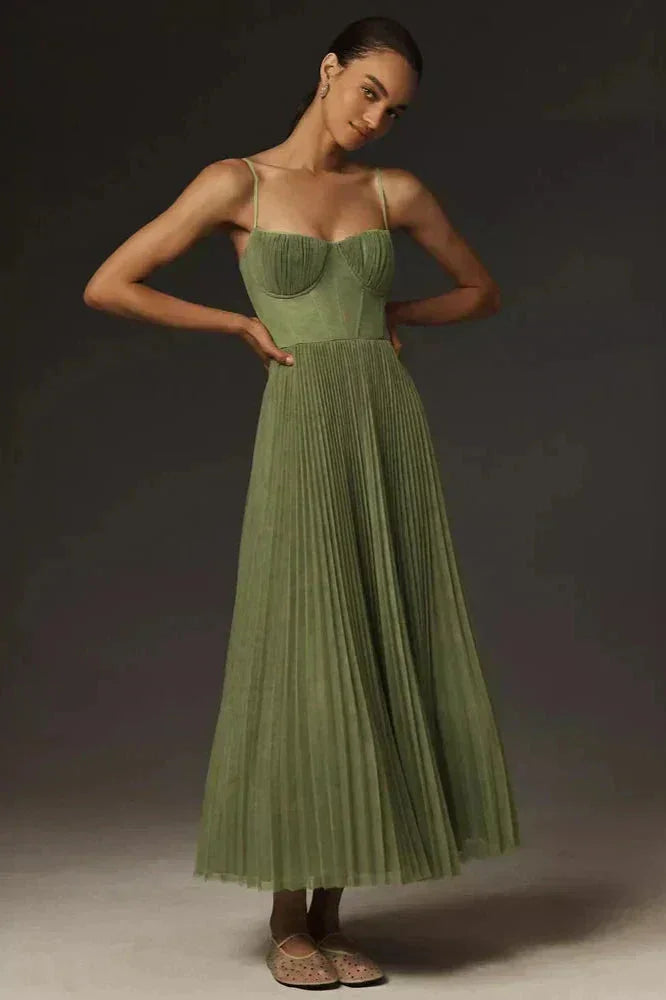 Abito midi donna plissettato con spalline verde oliva