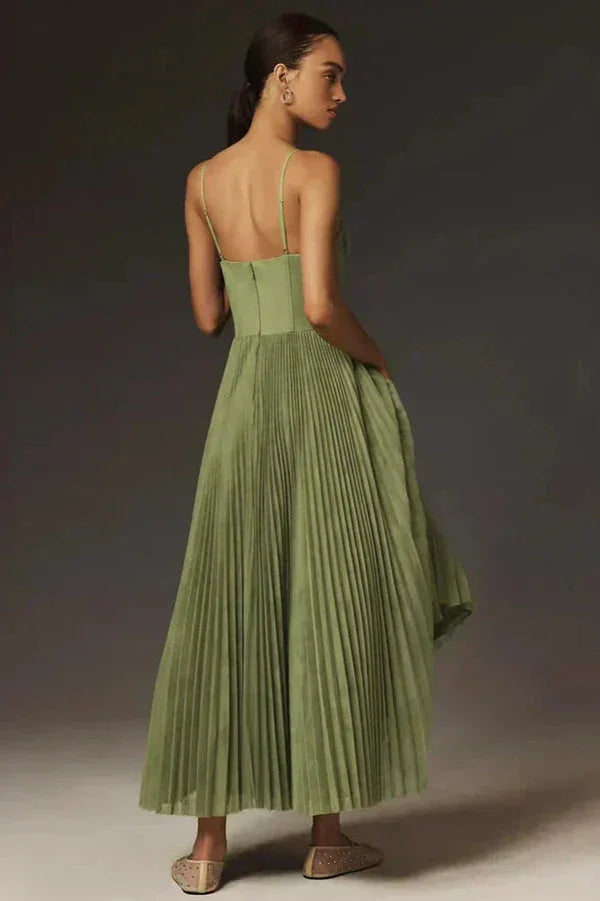 Abito midi donna plissettato con spalline verde oliva