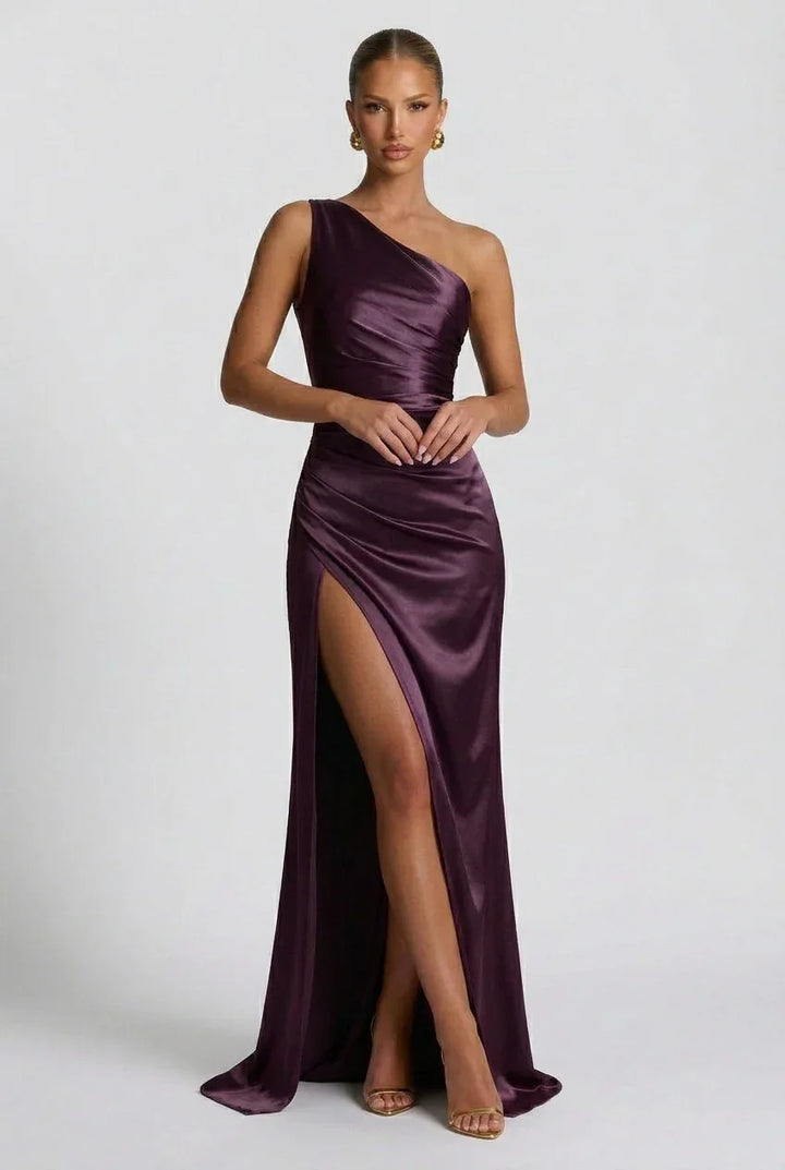 Vestito lungo da donna in satin con spacco