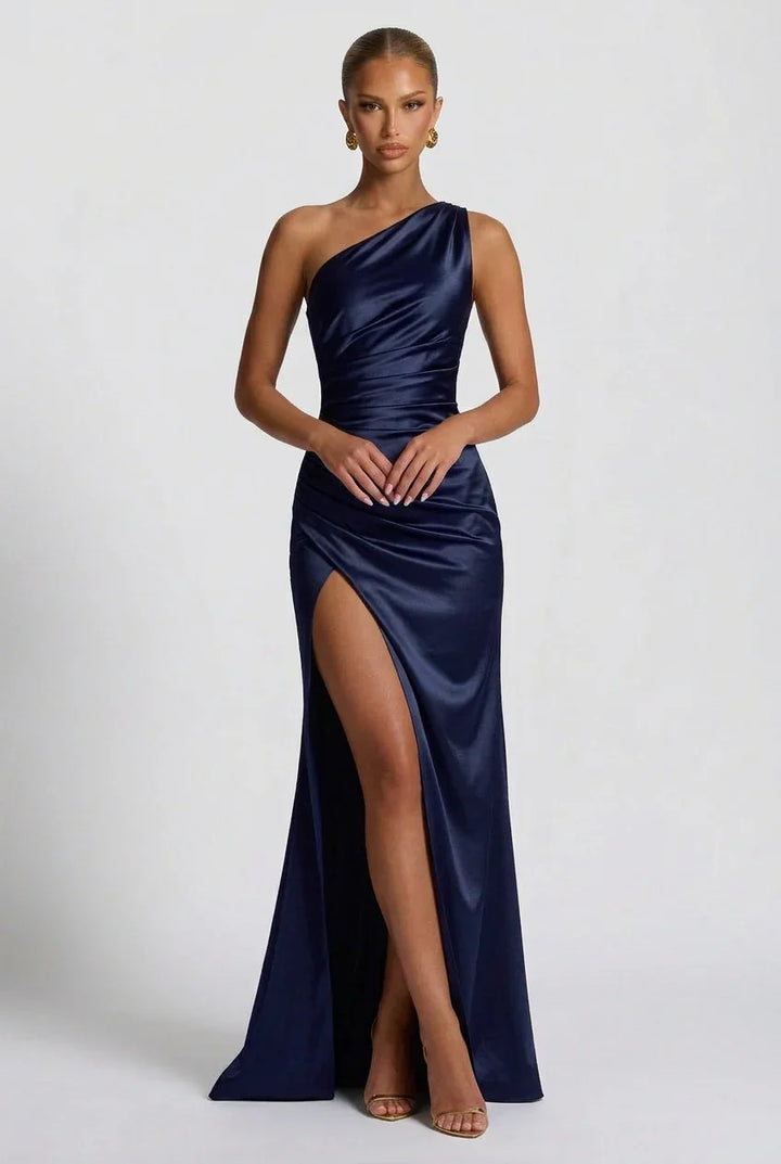 Vestito lungo da donna in satin con spacco