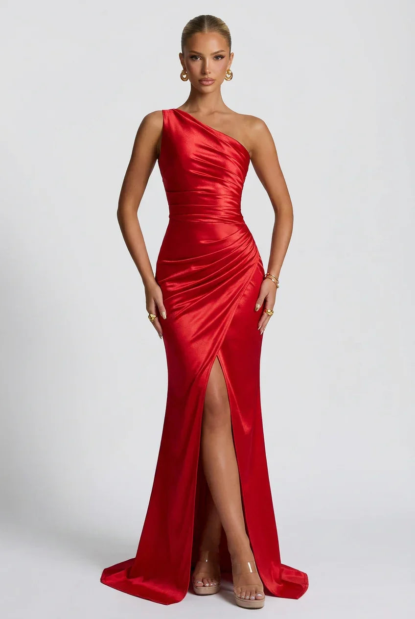 Vestito lungo da donna in satin con spacco