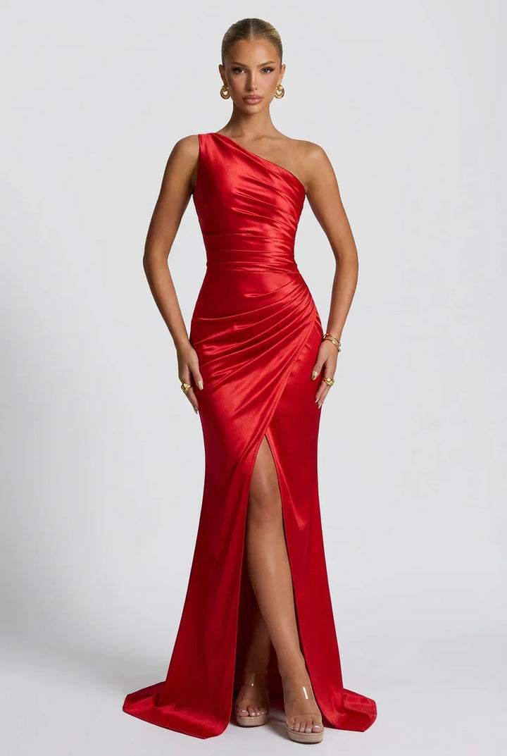 Vestito lungo da donna in satin con spacco