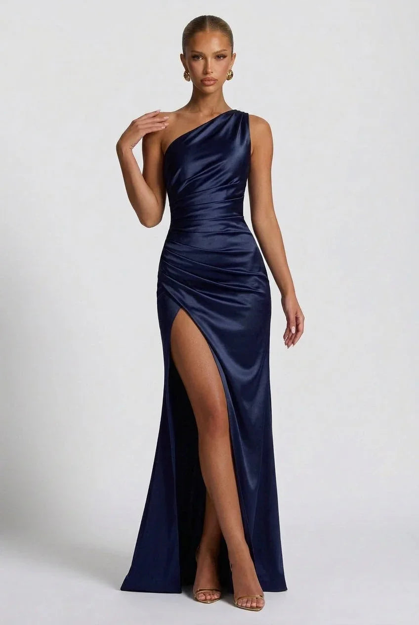 Vestito lungo da donna in satin con spacco