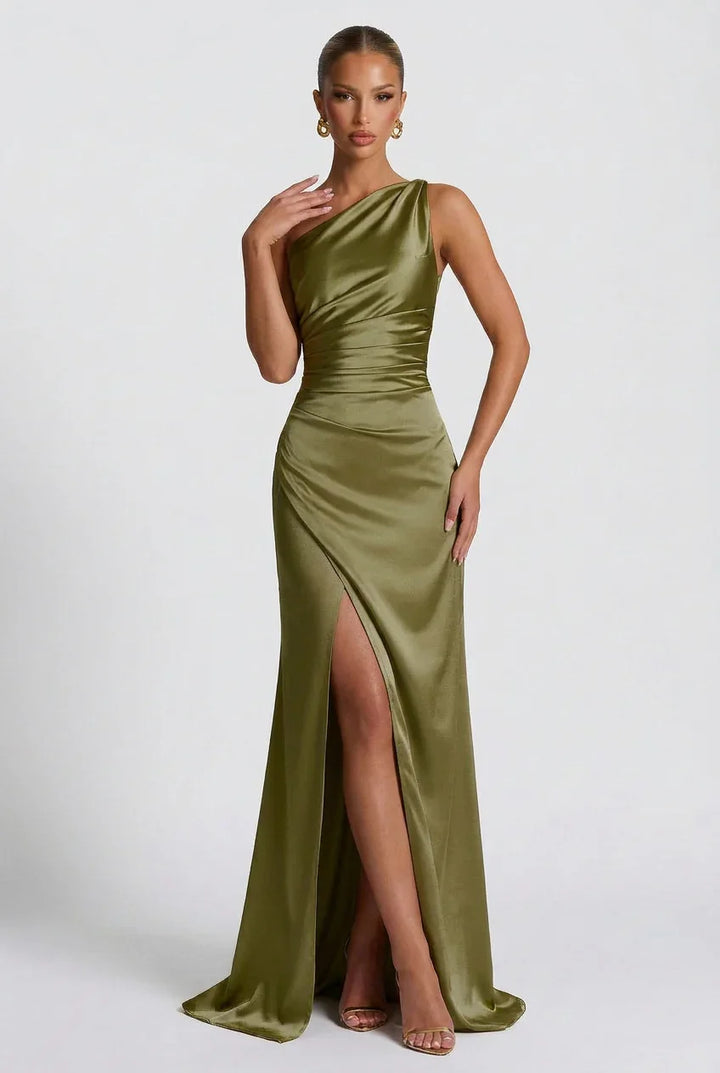 Vestito lungo da donna in satin con spacco
