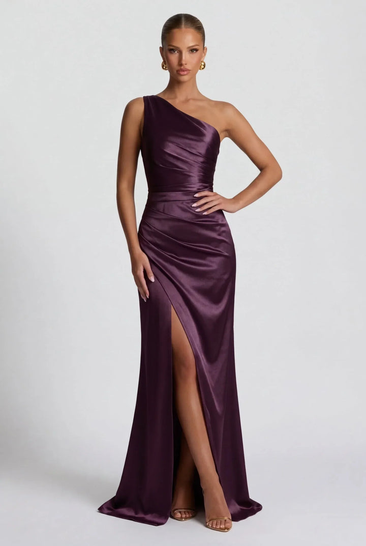 Vestito lungo da donna in satin con spacco