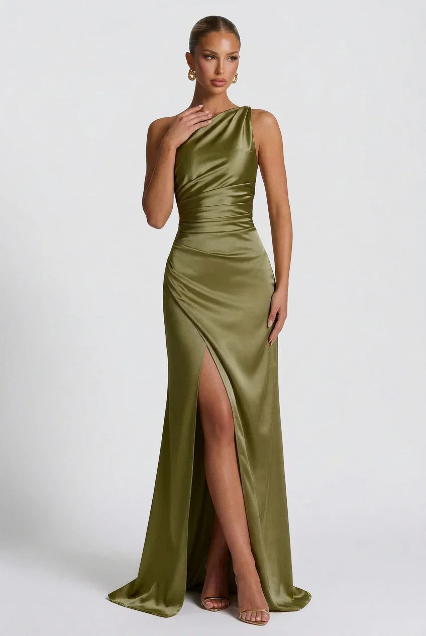 Vestito lungo da donna in satin con spacco
