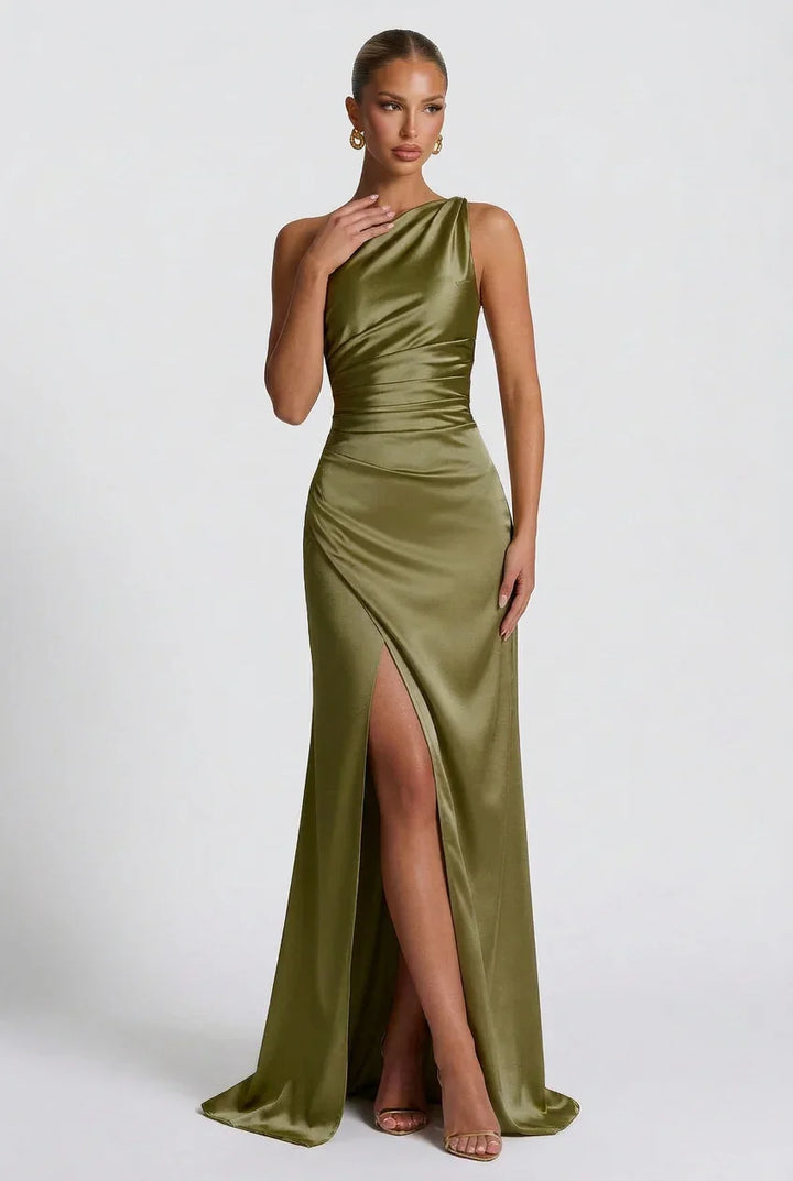 Vestito lungo da donna in satin con spacco