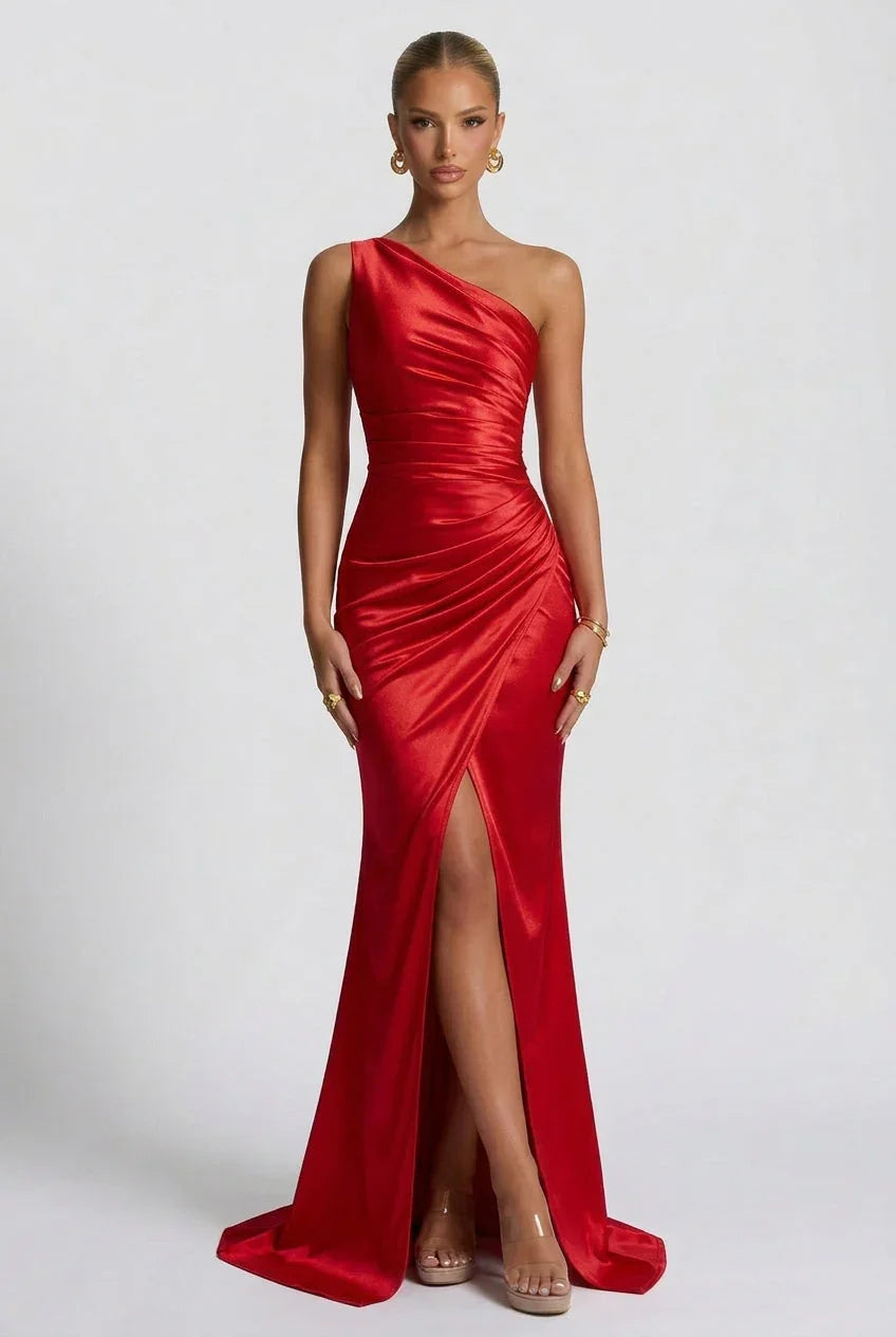 Vestito lungo da donna in satin con spacco