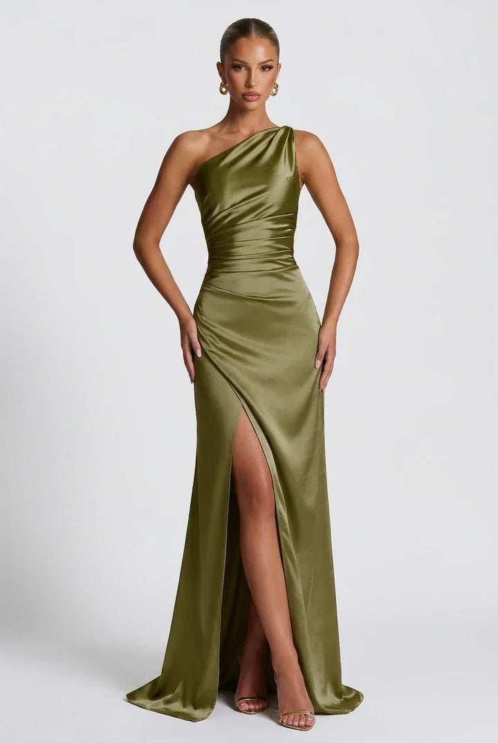 Vestito lungo da donna in satin con spacco