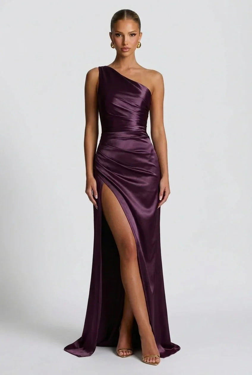 Vestito lungo da donna in satin con spacco