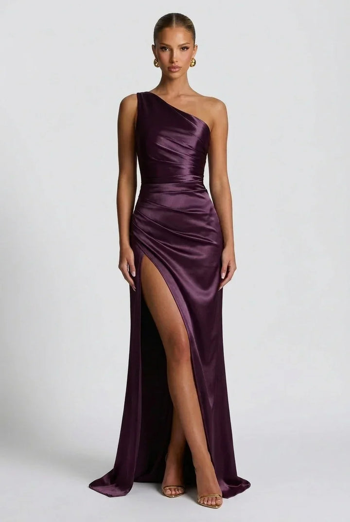Vestito lungo da donna in satin con spacco
