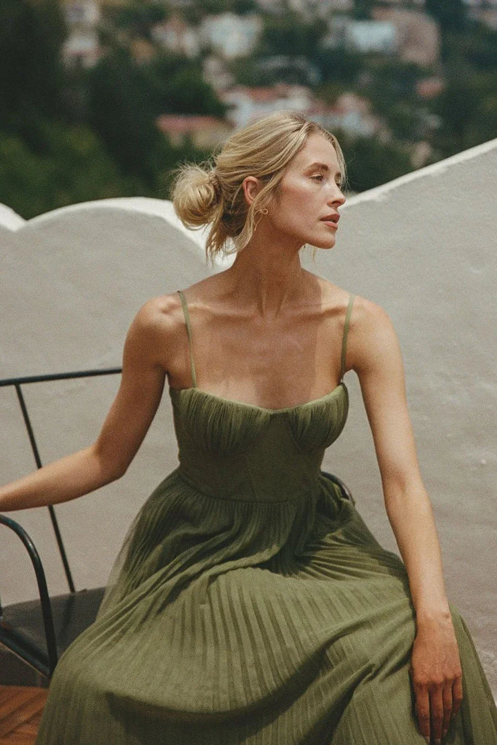 Vestito lungo da donna verde plissettato