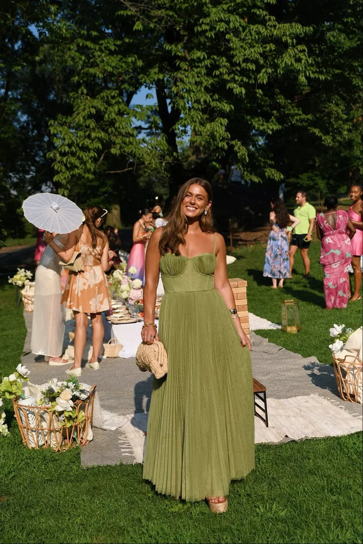 Vestito lungo da donna verde plissettato