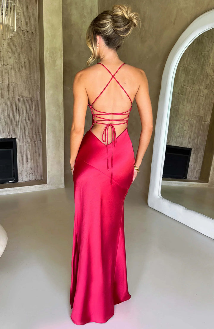Vestito lungo da sera satinato con scollo a V e bretelle sottili