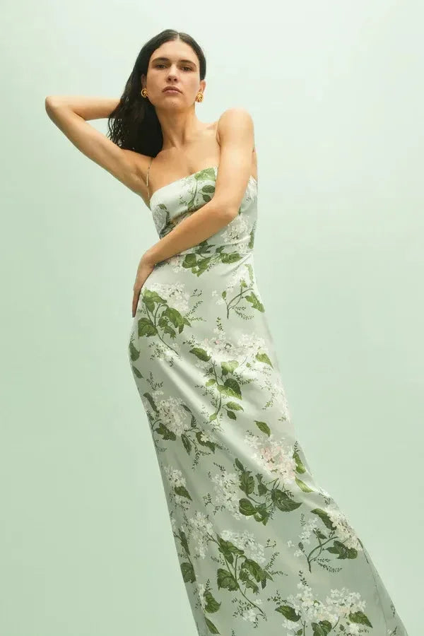 Vestito lungo donna estivo a fiori con spalline sottili verde