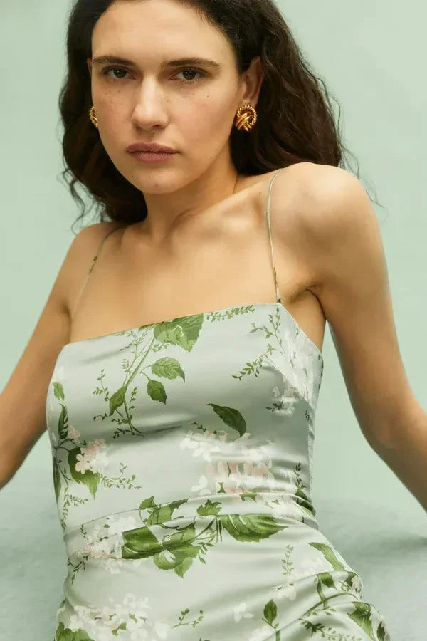Vestito lungo donna estivo a fiori con spalline sottili verde