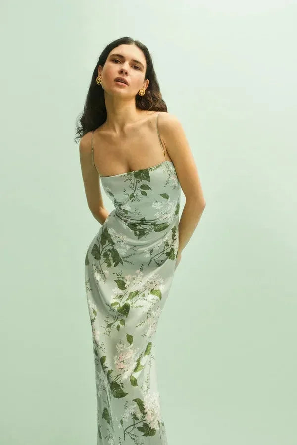 Vestito lungo donna estivo a fiori con spalline sottili verde