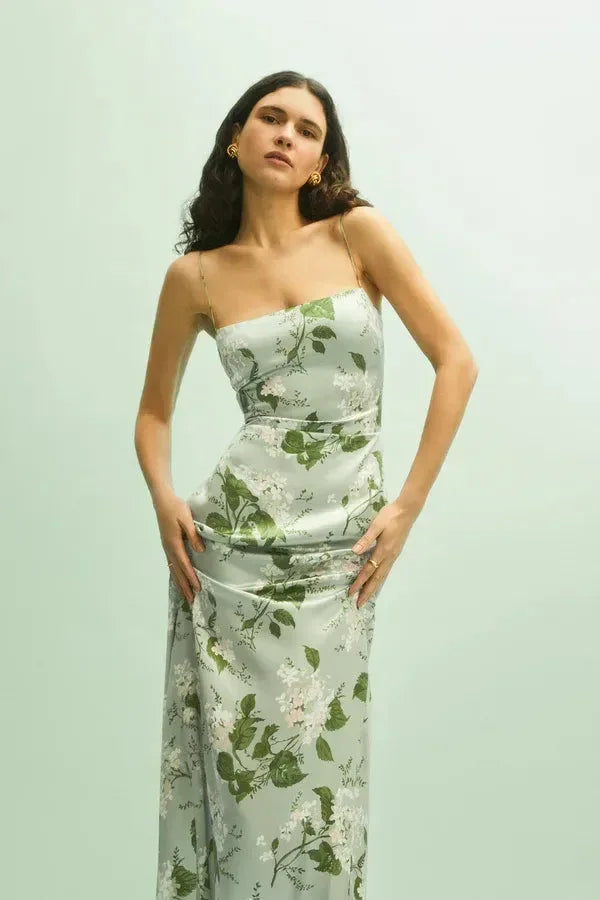 Vestito lungo donna estivo a fiori con spalline sottili verde