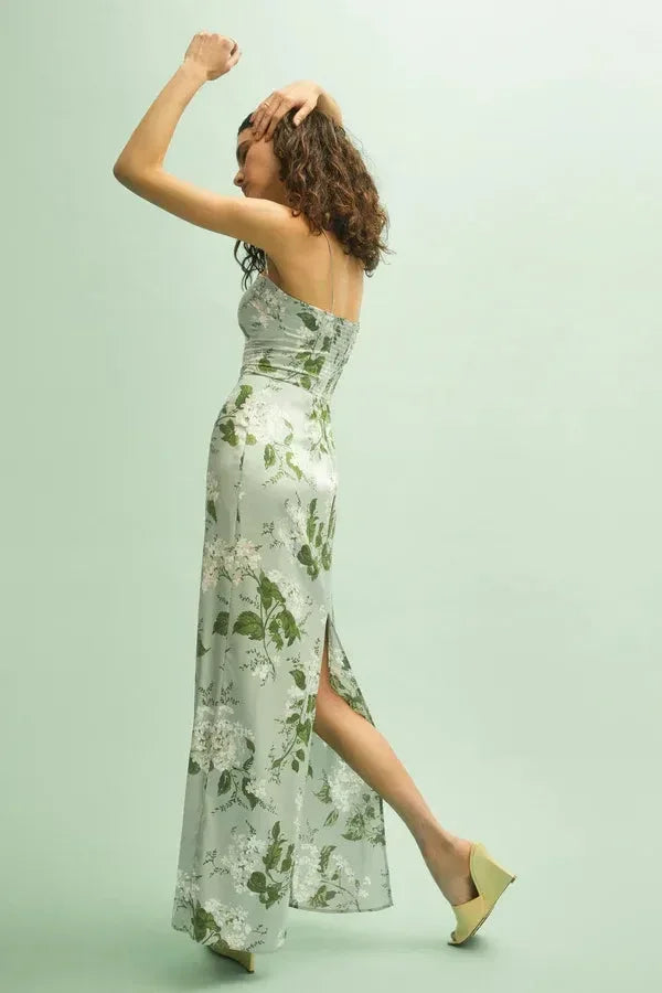 Vestito lungo donna estivo a fiori con spalline sottili verde