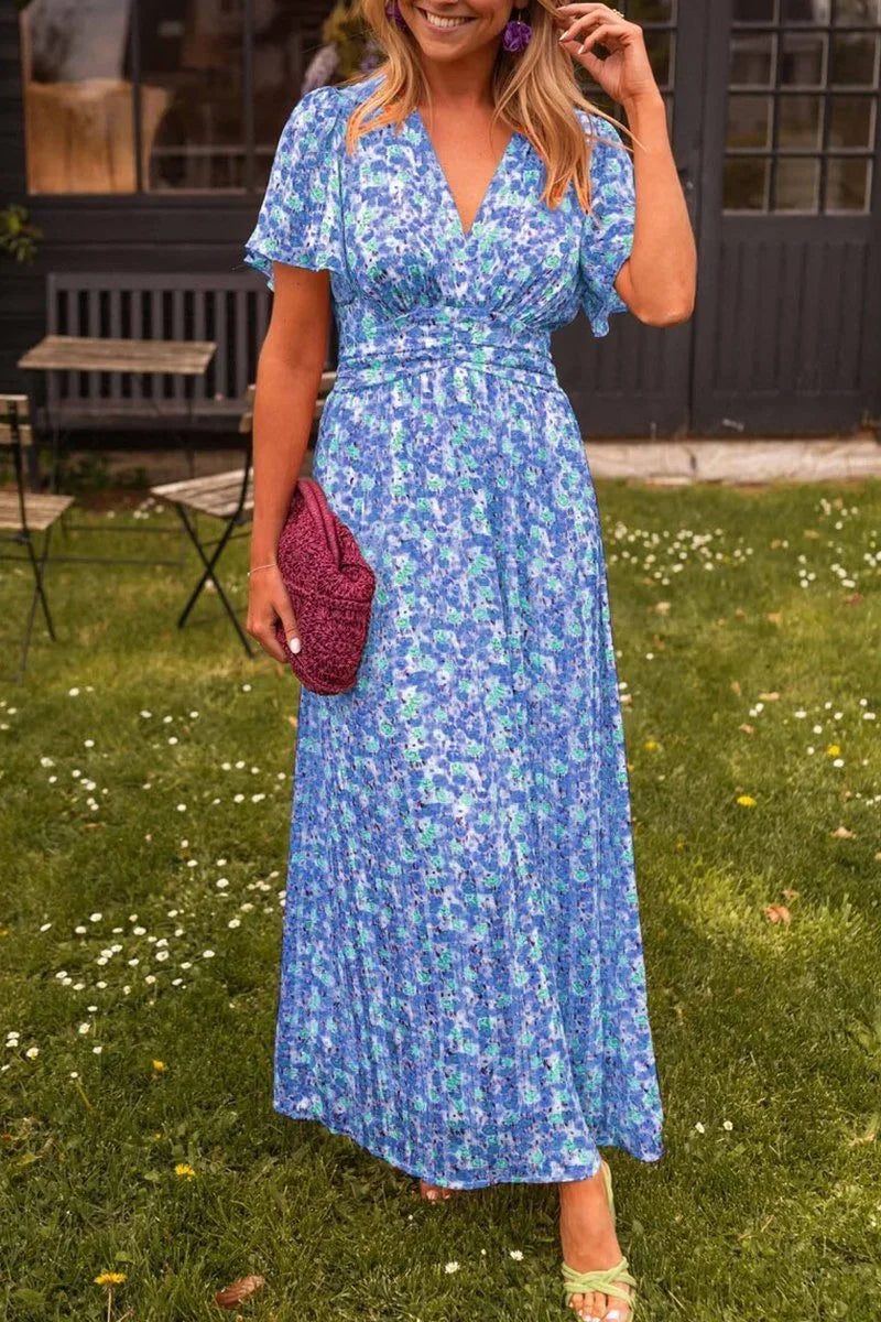 Vestito lungo donna stampato maniche corte scollo a V estivo