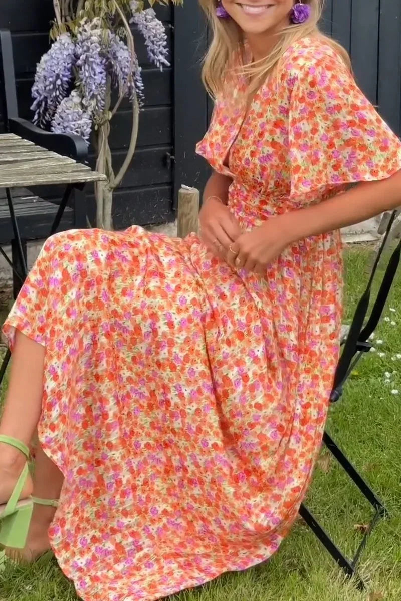 Vestito lungo donna stampato maniche corte scollo a V estivo