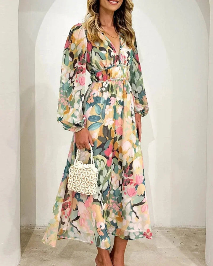 Vestito lungo floreale maniche lunghe scollo a V matrimonio primaverile