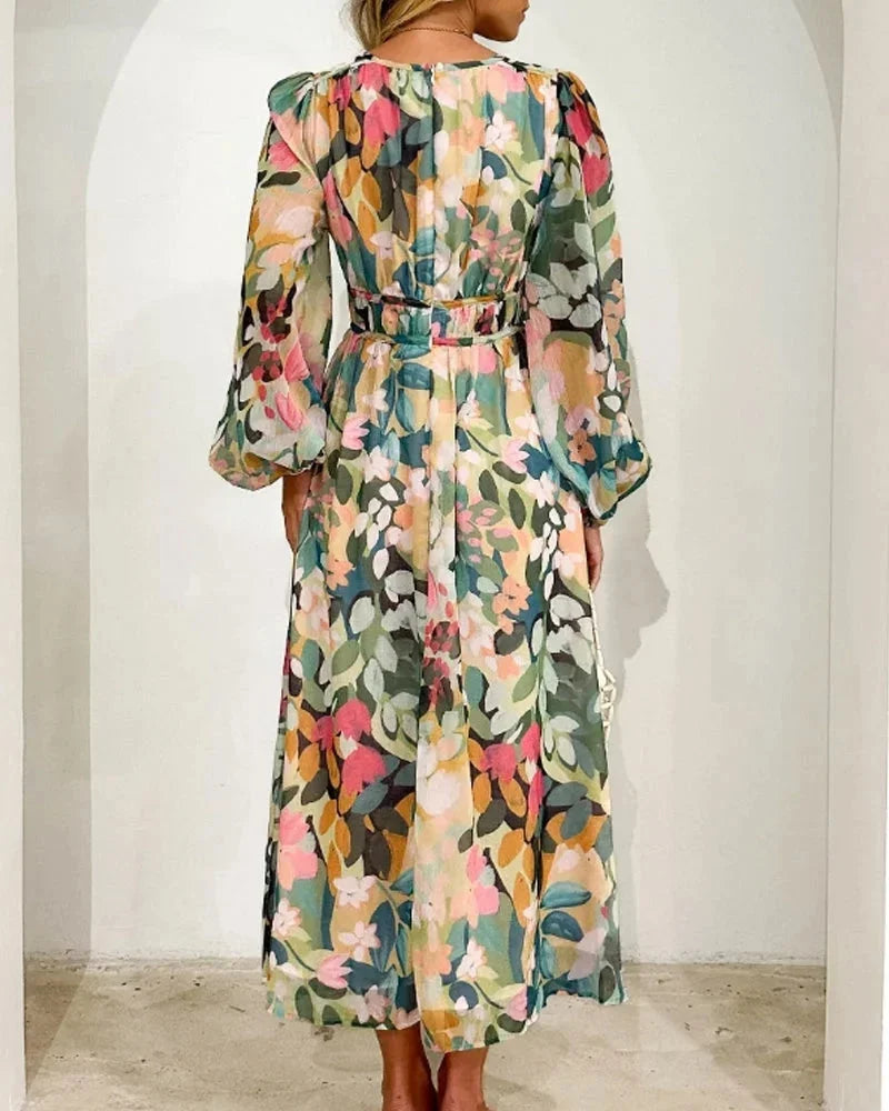 Vestito lungo floreale maniche lunghe scollo a V matrimonio primaverile