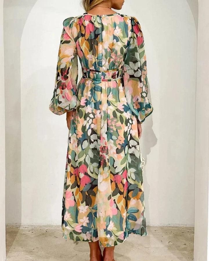 Vestito lungo floreale maniche lunghe scollo a V matrimonio primaverile