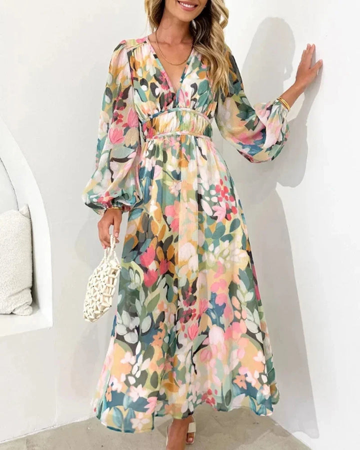 Vestito lungo floreale maniche lunghe scollo a V matrimonio primaverile