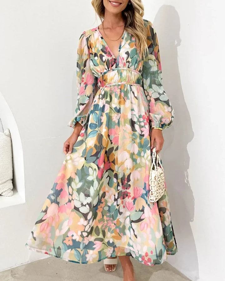 Vestito lungo donna con stampa floreale pastello maniche lunghe