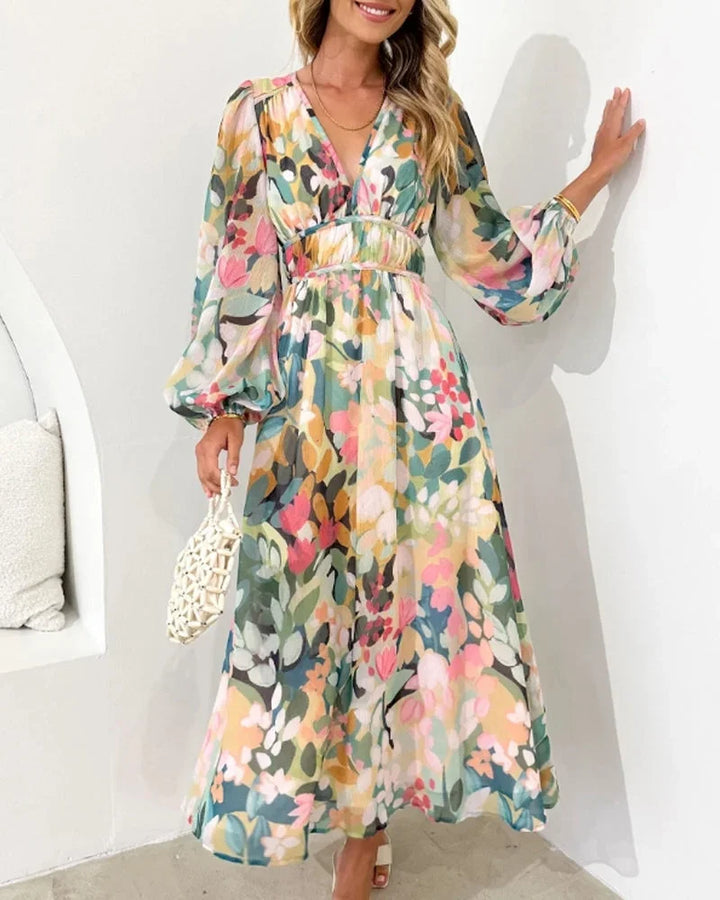 Vestito lungo donna con stampa floreale pastello maniche lunghe