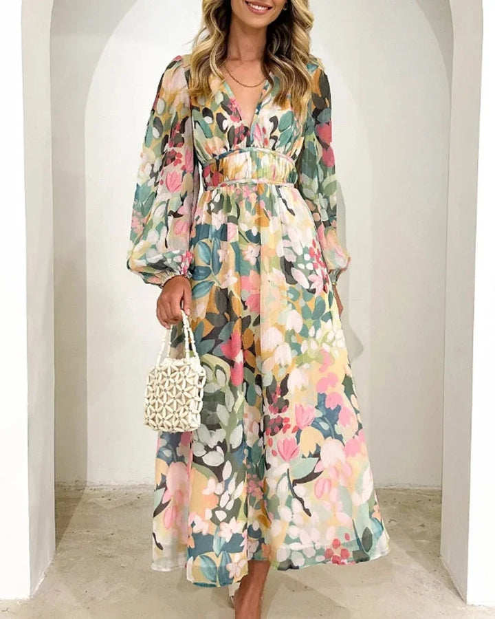 Vestito lungo donna con stampa floreale pastello maniche lunghe