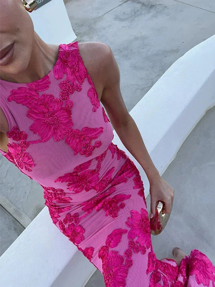 Vestito lungo donna rosa con motivi floreali vivaci