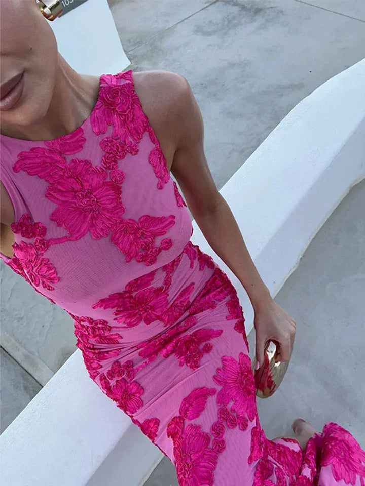 Vestito lungo donna rosa con motivi floreali vivaci