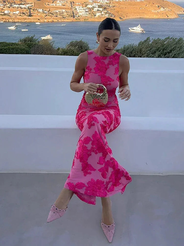Vestito lungo donna rosa con motivi floreali vivaci