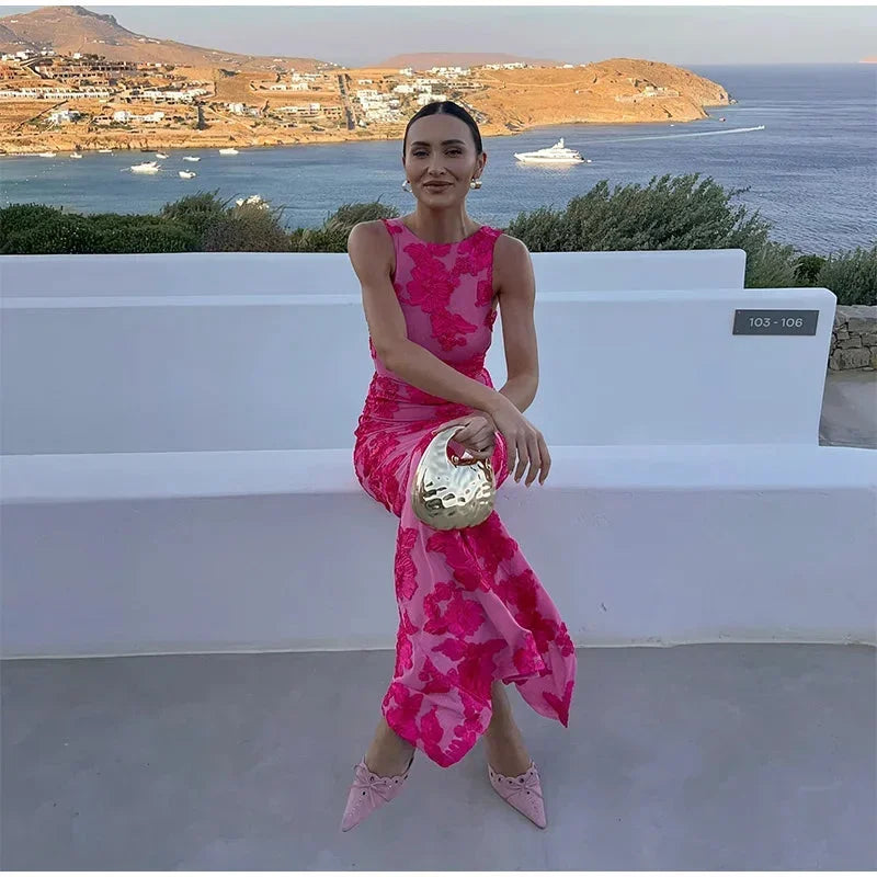 Vestito lungo donna rosa con motivi floreali vivaci