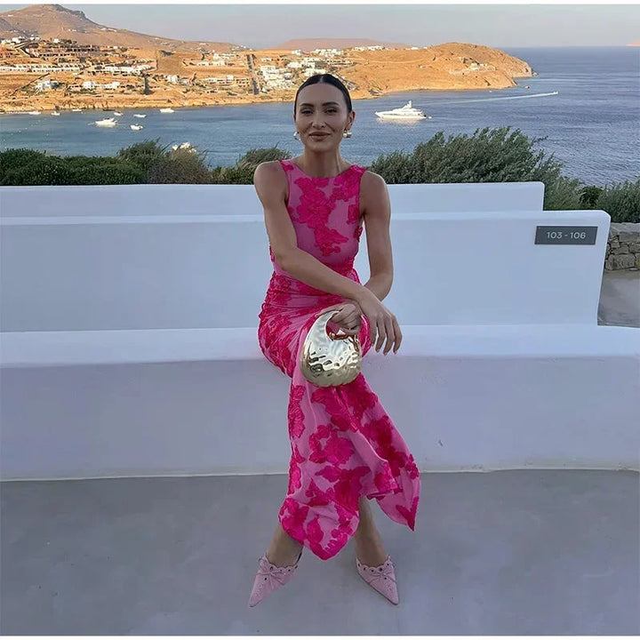 Vestito lungo donna rosa con motivi floreali vivaci