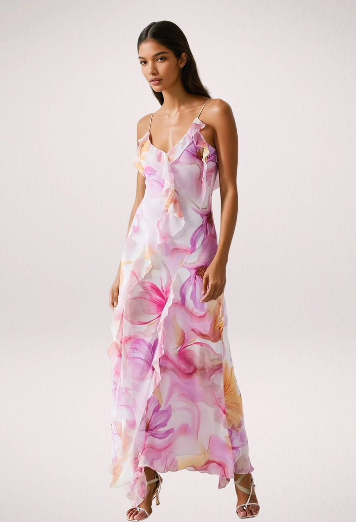 Vestito lungo donna rosa a fiori con volant estivo