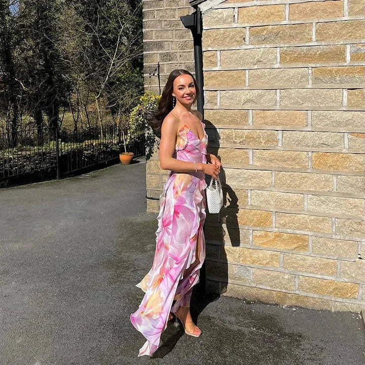 Vestito lungo donna rosa a fiori con volant estivo