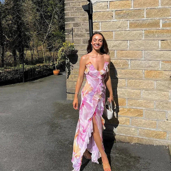 Vestito lungo donna rosa a fiori con volant estivo